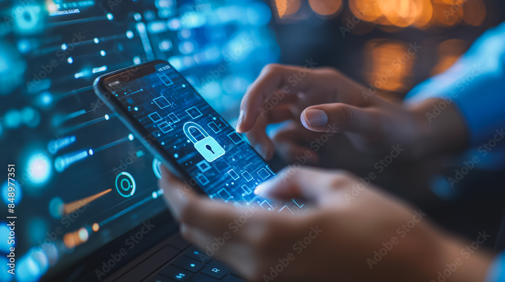 Poster a person is holding a cell phone and pressing a button on it. the phone is displaying a security cod