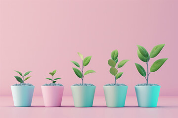 Obraz premium Colorful pastel pots with growing plants in a row on a pink background, representing growth and nature with minimalist design.