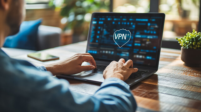 A man is typing on a laptop with the word VPN on the screen