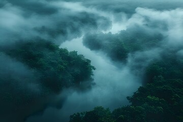 Mystical River in Lush Deep Forest Shrouded in Morning Fog - Nature, Tranquility, Adventure, Eco-tourism, Landscape Photography