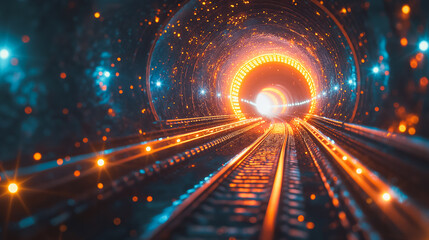 Fototapeta premium A tunnel with a train going through it. The tunnel is lit up with bright colors and has a futuristic feel to it