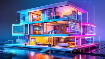 Obraz premium Engineers visualizing a futuristic model house with holographic interfaces, smart home technology, vibrant colors, ultramodern, 3D rendering