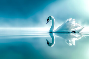 Obraz premium Serene Swan on Misty Lake. Elegant Swan Reflection on Calm Water