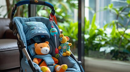 Stroller with car seat toys attached, perfect for keeping babies entertained on the go