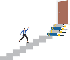 Education or learning for new opportunity, wisdom or knowledge to open door to success, solution, growth or career learning concept, businessman climb up book stack stair to reach opportunity door