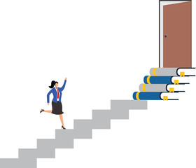 Education or learning for new opportunity, wisdom or knowledge to open door to success, solution, growth or career learning concept, businesswoman climb up book stack stair to reach opportunity door