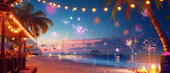 A festive summer banner with bright fireworks in a clear night sky over a lively beach party
