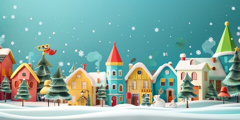 3d, a greeting card with houses and trees in the snow, colorful cartoon illustration of smiling characters, bold lines, simple shapes, flat design, textured illustrations, Christmas theme,
