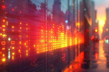 Futuristic Urban Data Center with Vibrant Sunset Reflections and Digital Grid Overlay