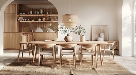 Scandinavian-style dining table with an oval-shaped tabletop and four chairs in light oak tones....
