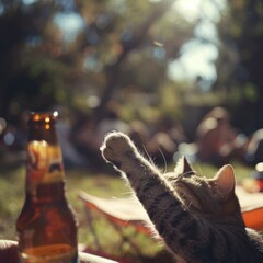 Fototapeta premium Playful Cat Celebrating International Cat Day at Backyard Picnic with Friends, 