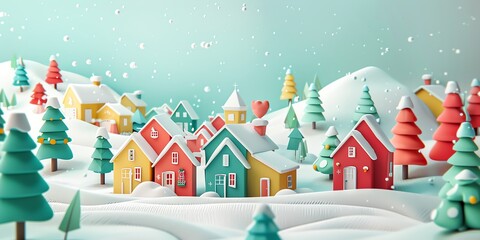 Fototapeta premium 3d, a greeting card with houses and trees in the snow, colorful cartoon illustration of smiling characters, bold lines, simple shapes, flat design, textured illustrations, Christmas theme,