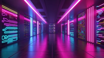 Fototapeta premium Futuristic server room hallway with vibrant neon pink and blue circuit board lighting offers a dynamic backdrop for technology advertising.
