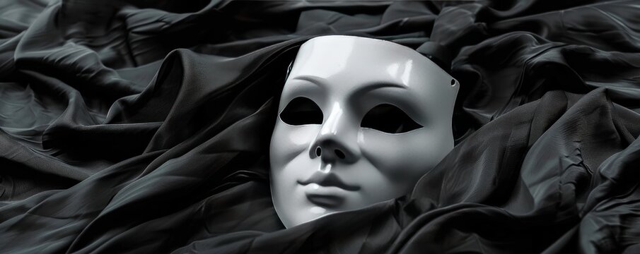 White opera mask on a dark stage with black fabric. Dramatic and theatrical image.