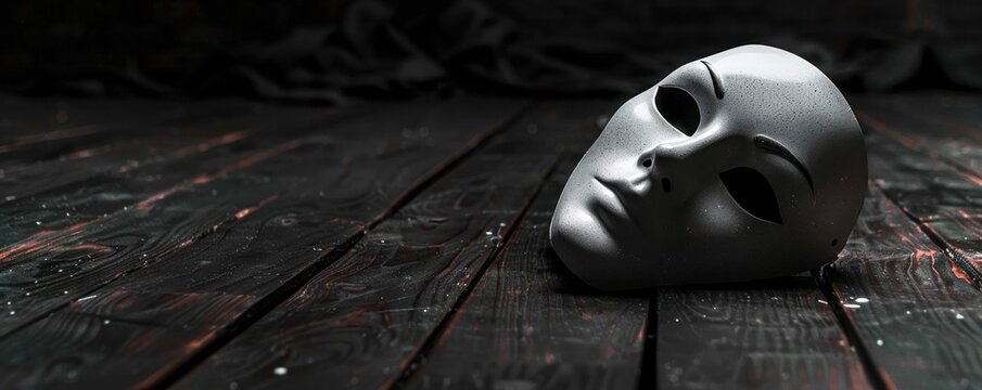 White opera mask on a dark stage with black fabric. Dramatic and theatrical image.