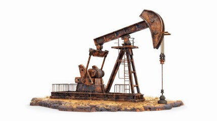 Fossil fuel pump jack working in an oil field isolated on white background
