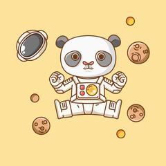 Cute panda astronaut jump animal kawaii chibi character mascot illustration outline style design