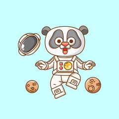 Cute panda flying astronaut animal kawaii chibi character mascot illustration outline style design