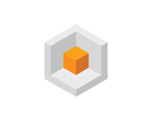 Cube logo, geometric vector design. Box logotype company, trendy tech emblem in pixel style.