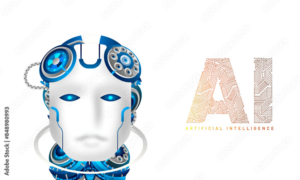 Wall mural website hero banner design, illustration of humanoid robotic face with ai text made by computer gene