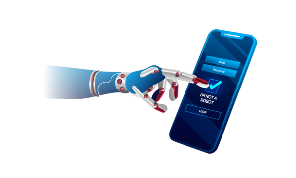 Robotic hand clicking on captcha 'I am not a Robot'. Artificial intelligence, system hacking concept.