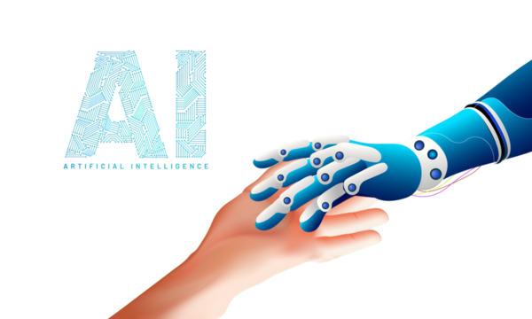 Futuristic concept for artificial intelligence and virtual world. Robotic hand and human hand connecting with AI text made by computer generate digital structure.