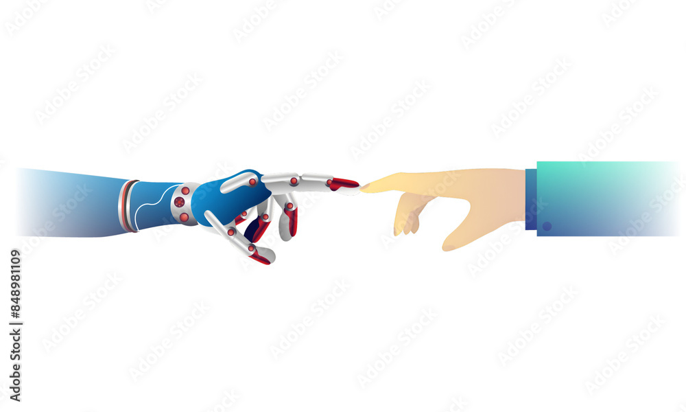 Sticker isometric illustration of robotic hand and human hand connecting in a virtual space for artificial i