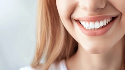 Obraz premium Brightly Smiling Woman with Healthy Teeth Against a Clean Background - Perfect for Dental Promotions and Advertisements
