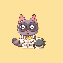 Cute sad raccoon astronaut animal kawaii chibi character mascot illustration outline style design