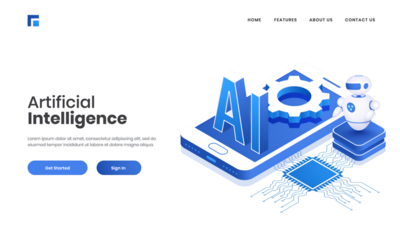 3D AI text on smartphone screen with circuit board and Android robot for Artificial Intelligence concept based landing page design.