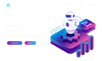 Isometric illustration of Android robot with cog wheel and bar graph for Artificial Intelligence concept.