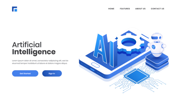 3D AI text on smartphone screen with circuit board and Android robot for Artificial Intelligence concept based landing page design.