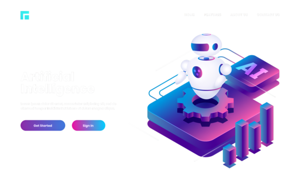 Isometric illustration of Android robot with cog wheel and bar graph for Artificial Intelligence concept.
