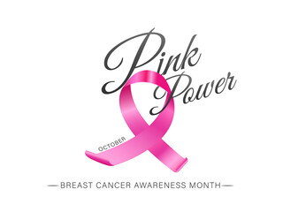 Calligraphy of Pink Power with breast cancer ribbon on white background for Awareness Month concept.
