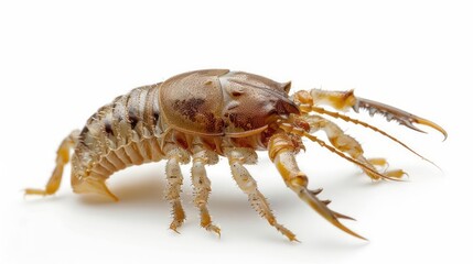 A louse with tiny, grasping claws and segmented body isolated on a white background