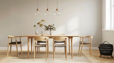 Scandinavian-style dining table with an oval-shaped tabletop and four chairs in light oak tones. Featuring minimalist lines and contemporary style with hanging glass pendant lights and warm, soft ligh