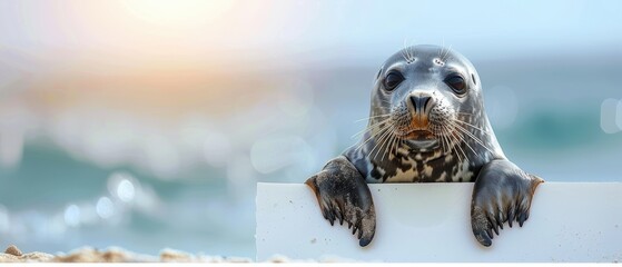 A curious seal gripping a large blank white sign, in front of a bright background Perfect for custom text or graphics