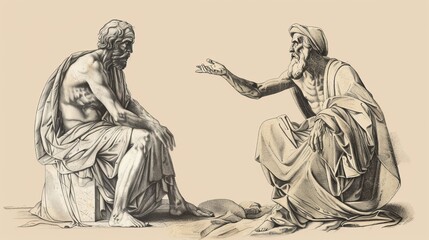 Fototapeta premium Visual of Rich Man and His Manager Parable: Manager Shrewdly Securing Future, Beige Background, Biblical Illustration, Copyspace