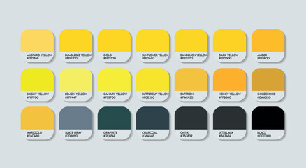 Bumblebee Color Palette, Bumblebee Color Guide Palette with Color Names. Catalog Samples of Bumblebee Colour with RGB HEX codes and Names. Bee Colors Palette Vector, Fashion Trend Yellow Color Palette