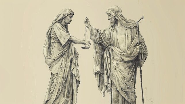 Visual of Unjust Judge Parable: Widow Persistently Seeking Justice, Beige Background, Biblical Illustration, Copyspace