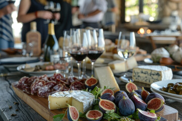 Friends having a wine tasting party in a rustic winery, with varieties of cheeses and figs on a beautifully decorated table