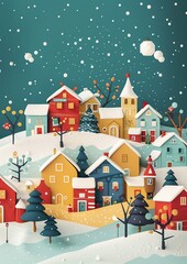 3d, a greeting card with houses and trees in the snow, colorful cartoon illustration of smiling characters, bold lines, simple shapes, flat design, textured illustrations, Christmas theme,