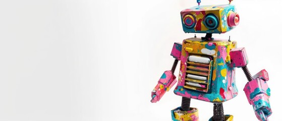 A playful vintage robot with springloaded legs and a colorful paint job isolated on a white background