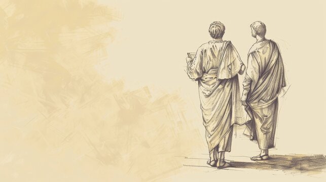 Visual of Two Sons Parable: Son Working in Vineyard After Initial Refusal, Beige Background, Biblical Illustration, Copyspace