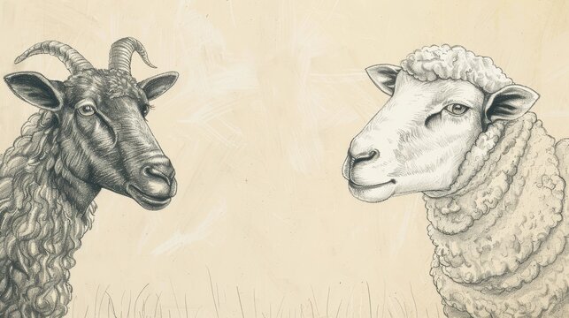 Visual of Sheep and Goats Parable: Righteous Inheriting Kingdom, Beige Background, Biblical Illustration, Copyspace