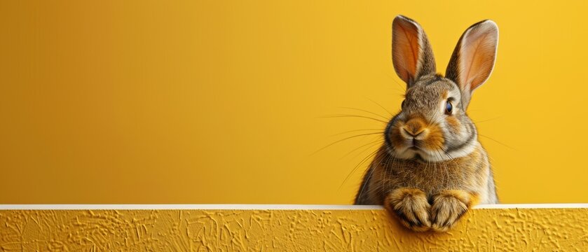 A friendly bunny holding a large blank white sign looking at the bright background, ideal for personalized messages