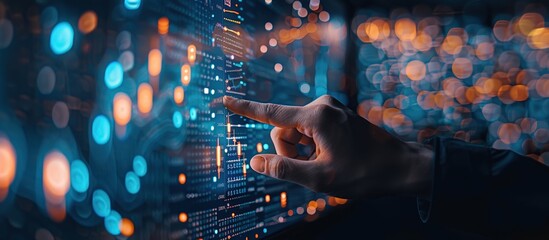 Closeup of hand pointing at a digital stock market chart on a computer screen, with a dark background and futuristic interface elements and numbers.