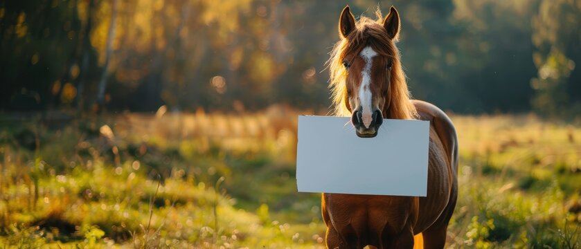 A gentle horse holding a large blank white sign looking at the bright background, perfect for customization