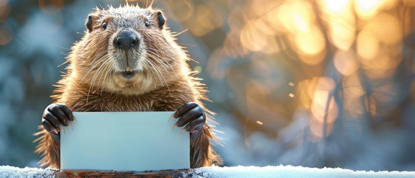 A happy beaver presenting a large blank white sign, set against a luminous backdrop Suitable for custom text or graphics
