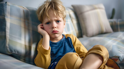 Obraz premium Sad and unhappy little boy sitting on the sofa chair